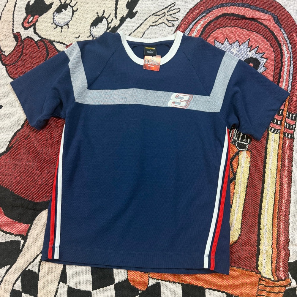 Nautica Competition Mens Large Navy Blue Ribbed Knit Graphic T-Shirt Vintage L